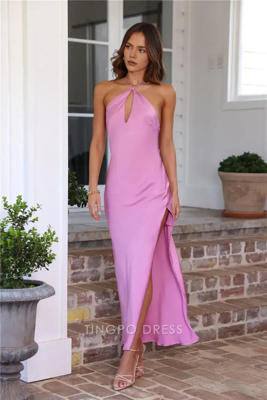 Simple SheathColumn Spaghetti Straps Sleeveless Open Back Ankle-Length Side Slit prom dress